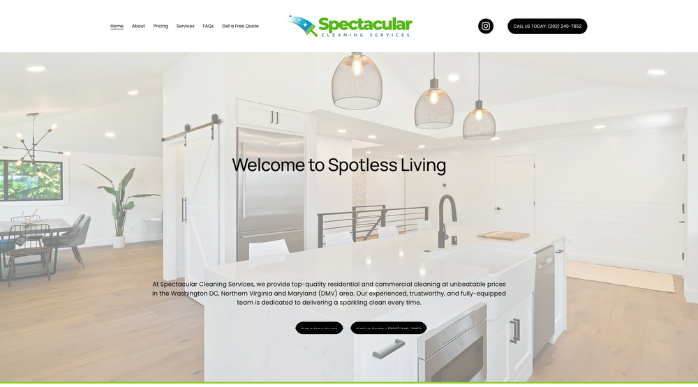 The original 2025 Spectacular Cleaning Services homepage with the headline Welcome to Spotless Living
