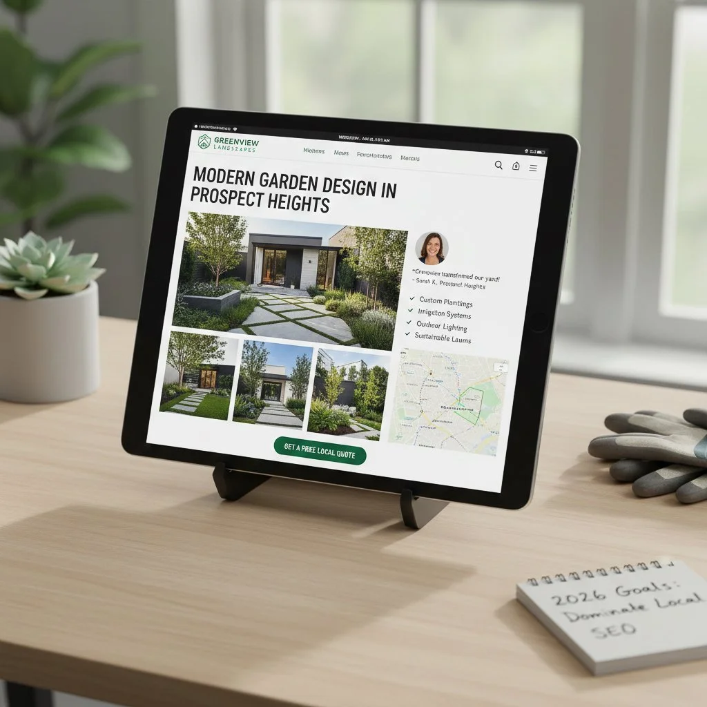 A localized web design for 'Greenview Landscapes' targeting Prospect Heights. The tablet screen displays a local project gallery, a neighborhood map, specific service lists, and a 'Get a Free Local Quote' button to boost local search rankings.