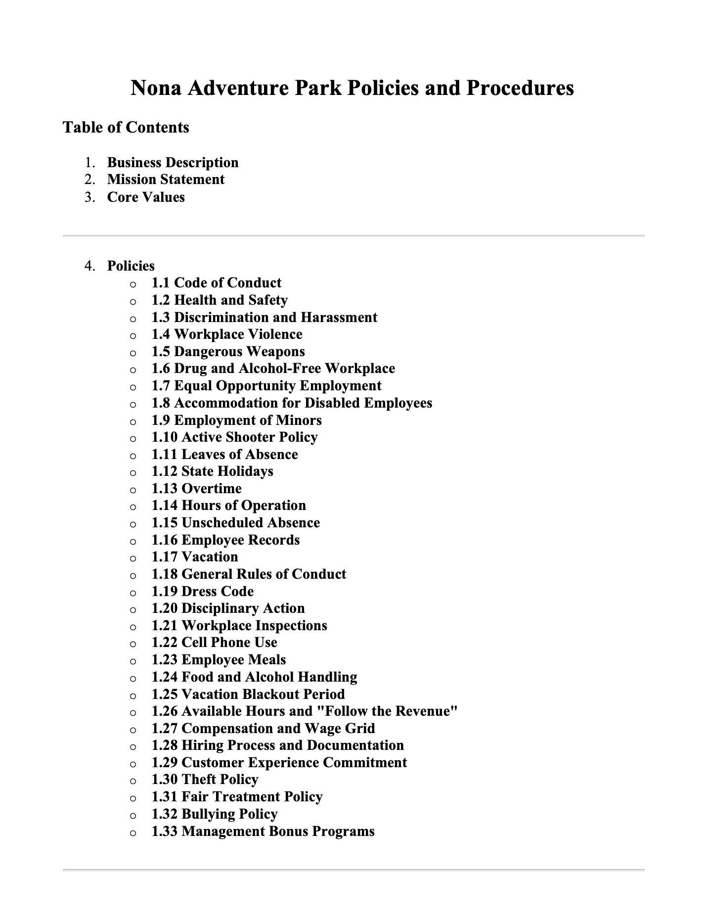 Table of contents page for Nonna Adventure Park Policies and Procedures, listing sections on business description, mission statement, core values, and detailed policies including conduct, safety, harassment, workplace violence, weapons, drug-free workplace, employment policies, leave, holidays, overtime, hours, absence, holidays, rules, dress code, discipline, inspections, phone use, meals, food handling, vacation, rules, dress code, discipline, inspections, phone use, meals, food handling, vacations, rules, misconduct policies, management bonuses, hiring, customer experience, theft, treatment, bullying, and bonuses.