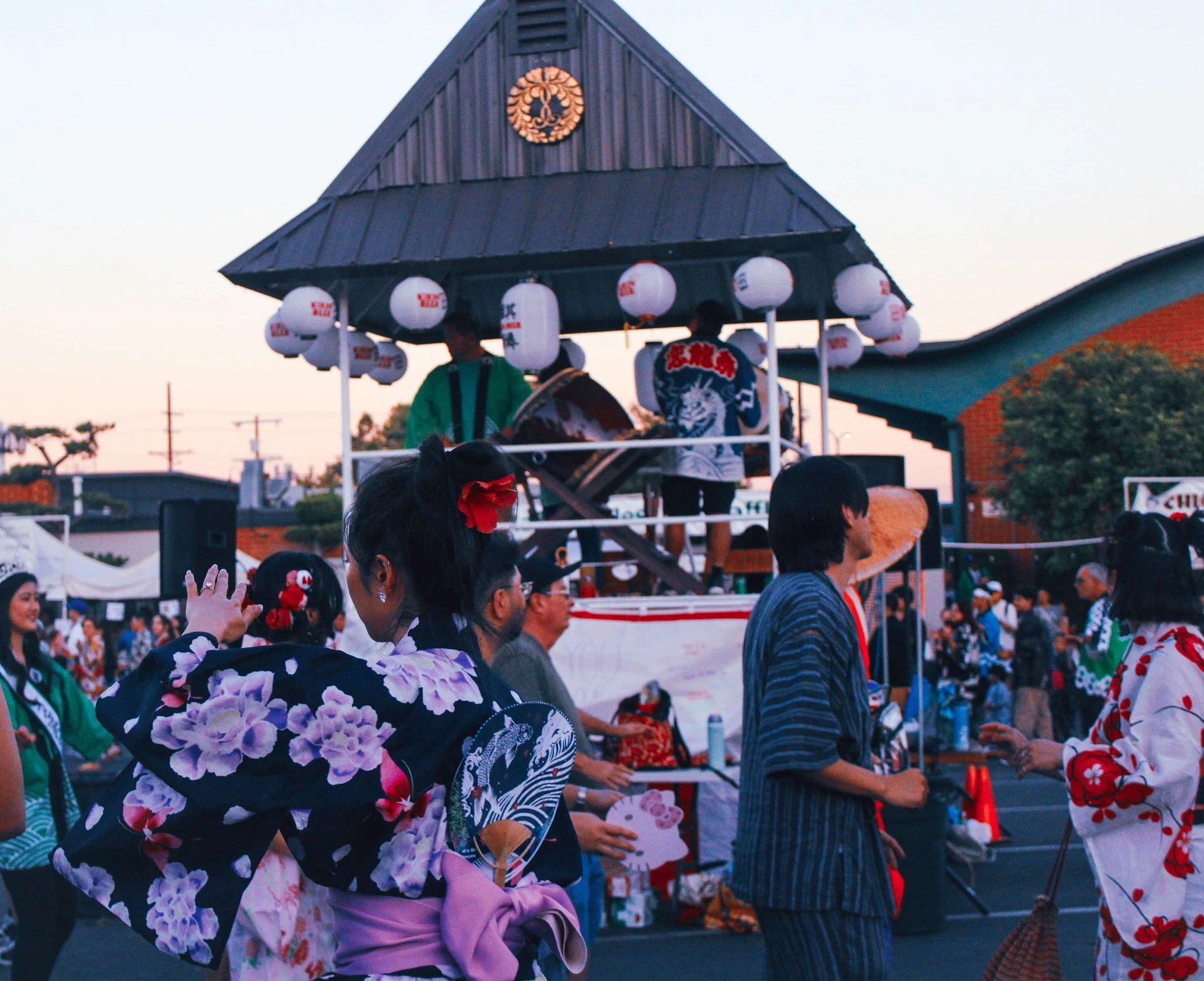 Crowds dance outside of SFVJACC during Obon.