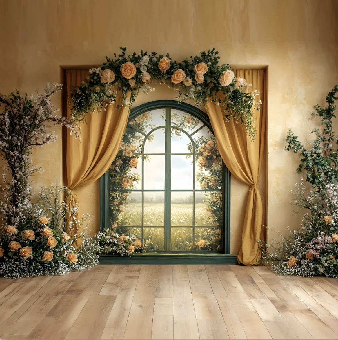 Spring Photo Backdrops Golden Window Floral Curtains Backdrop.png