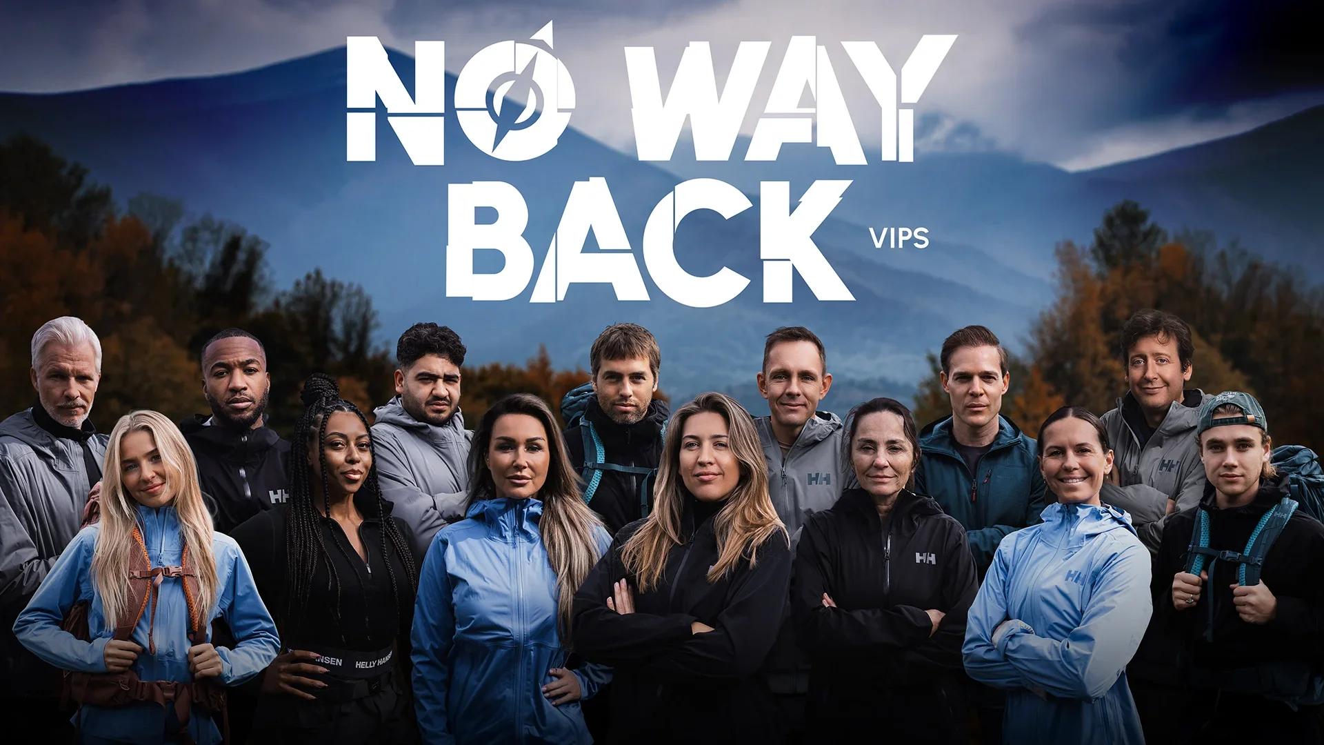 Een groep van jonge en oudere mensen in outdoorkleding voor een bergachtige achtergrond met de tekst 'NO WAY BACK' en 'VIPS'. Geproduceerd door Signal Stream