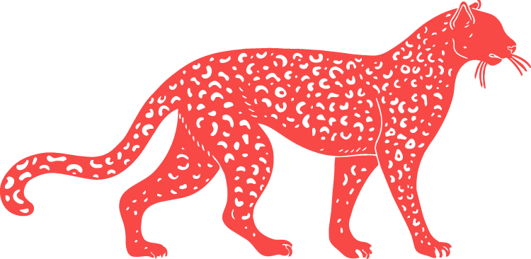 Illustration of a jaguar with a red body and light spots.