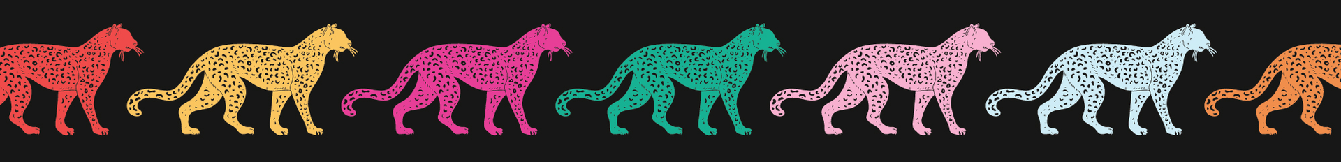 Colorful rows of stylized leopard illustrations in various colors including red, yellow, pink, teal, light pink, blue, and orange, placed against a black background.