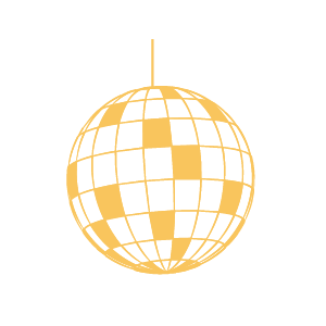A gold-colored disco ball hanging from the ceiling against a black background.
