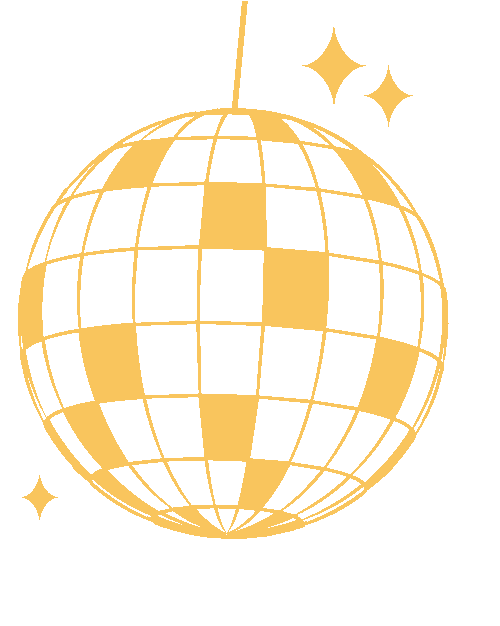 A golden disco ball with sparkling stars around it.