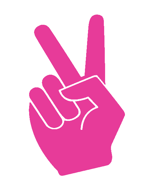 Illustration of a pink hand making a peace sign with index and middle fingers raised.