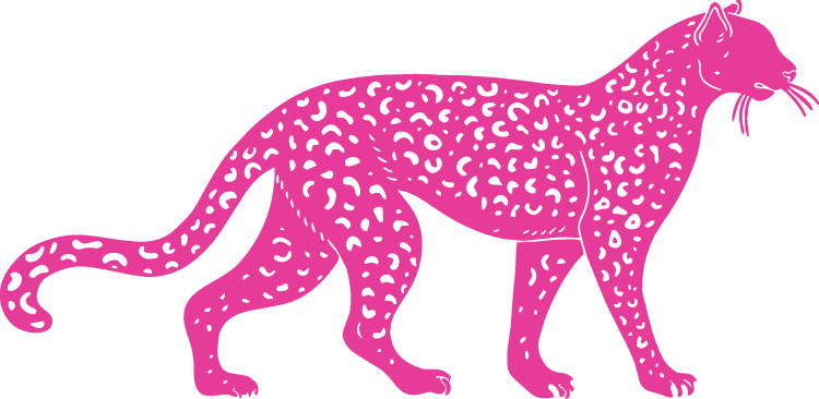 A pink illustration of a leopard with light spots.