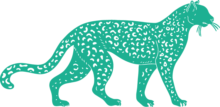 An illustration of a jaguar walking, depicted in teal with light spots.