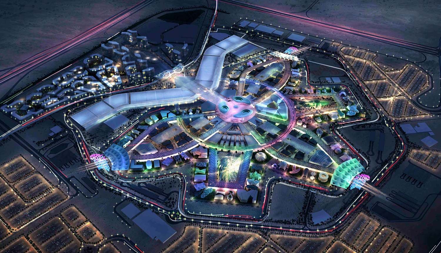 Fotografía aérea del vibrante recinto de la Expo 2020 en Dubai