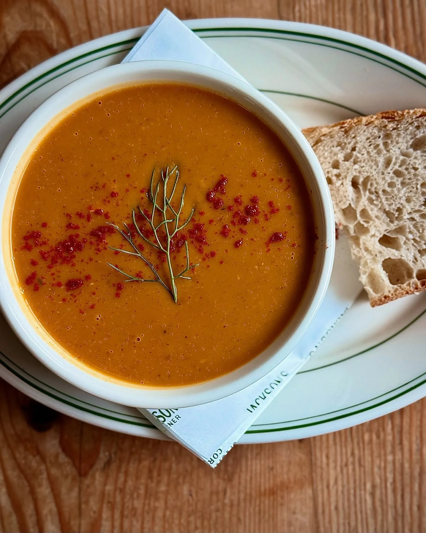 Winter Squash Soup 🍂
@rainshadoworganics black futsu squash, coconut cream, smoked paprika, warming spices. 
Vegan, gluten free, extra cozy. 

On all day, 7am til 9pm