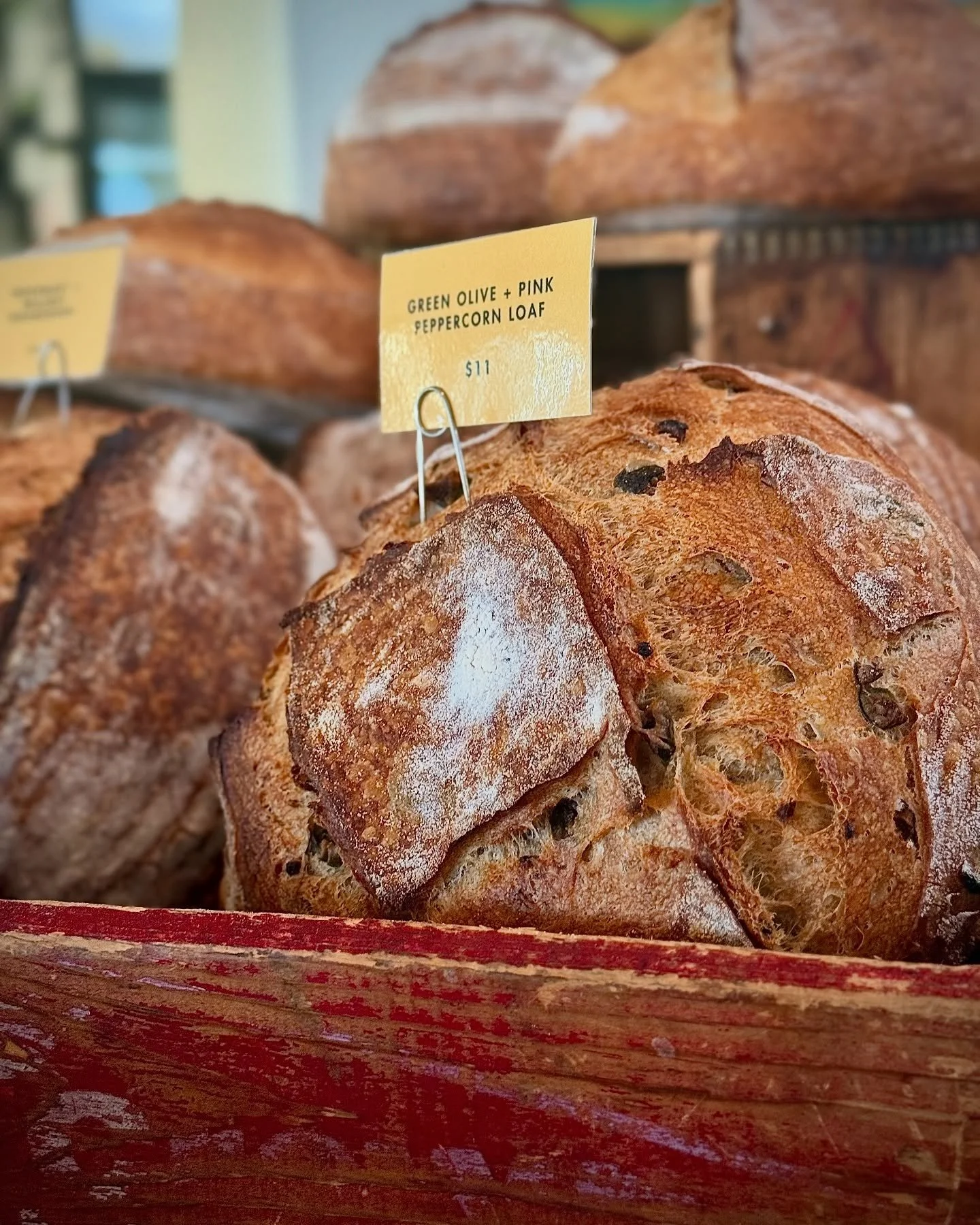 Green Olive &amp; Pink Peppercorn Sourdough Loaf 🫒🎀

Made with organic @centralmilling and @cairnspringmills flour and &ldquo;Francine,&rdquo; our resident sourdough starter. Baked off daily in the steam injected oven for a crisp crust and soft cru
