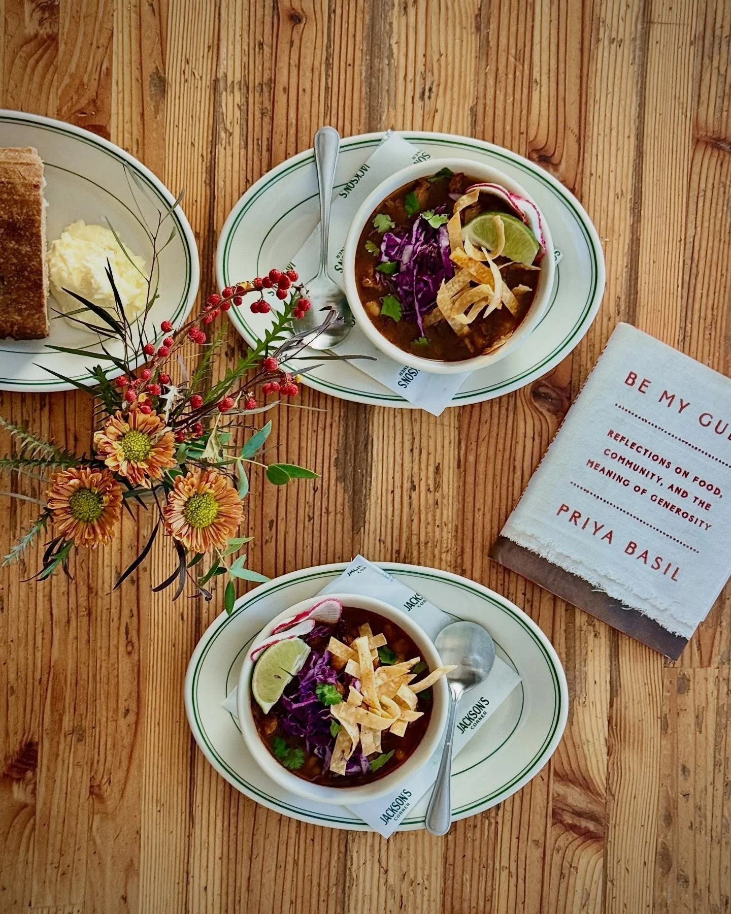 Pozole Rojo 🌽
Chicken, hominy, red chili broth. Cabbage, radish, tortilla strips, cilantro, crema. And a slice of Corner Loaf on the side. 

Available brunch and supper at both shops