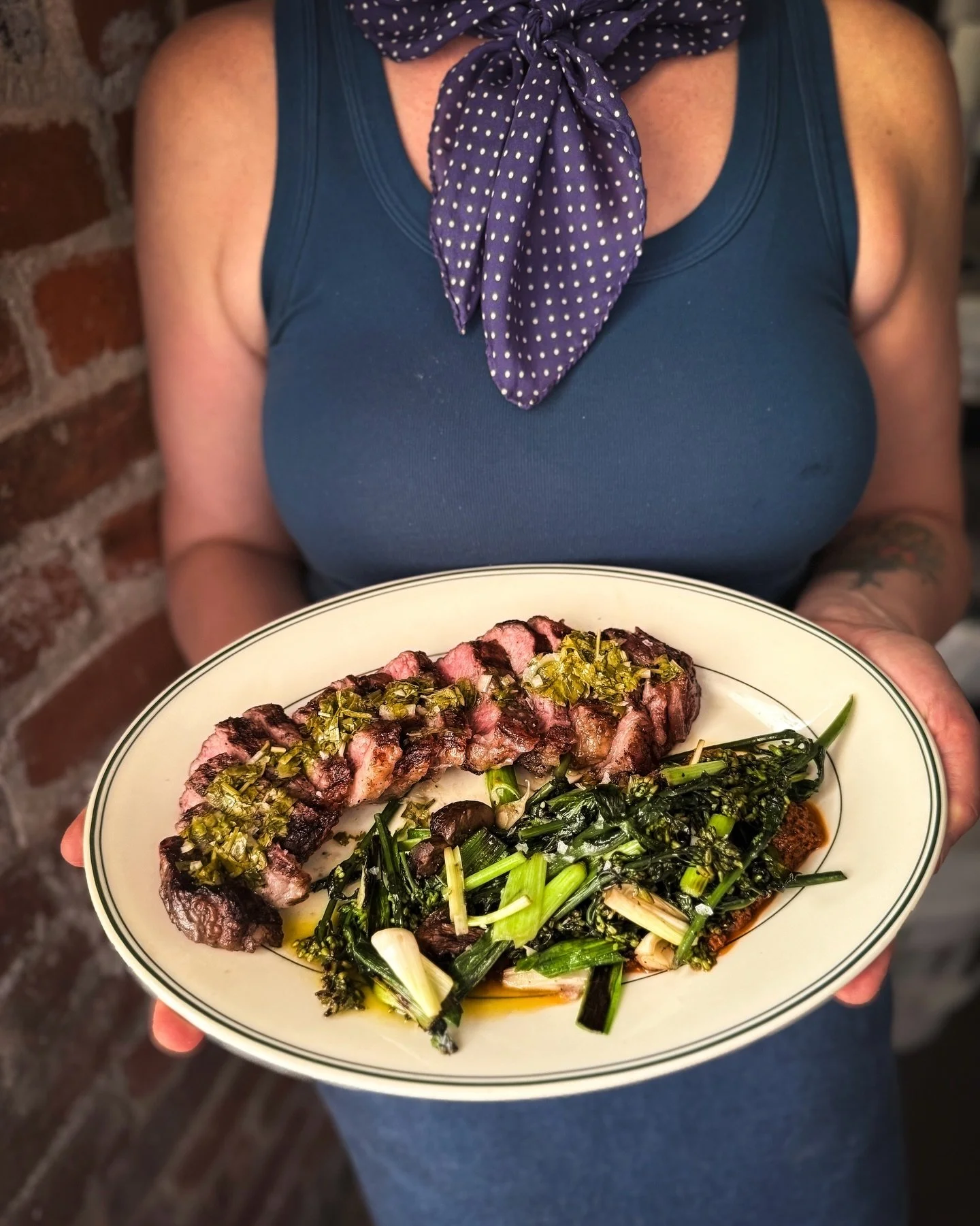 New York Strip
12oz, grilled to order, with roasted Spring veggies, romesco sauce, and a side salad.

Served 7am-9pm ✨