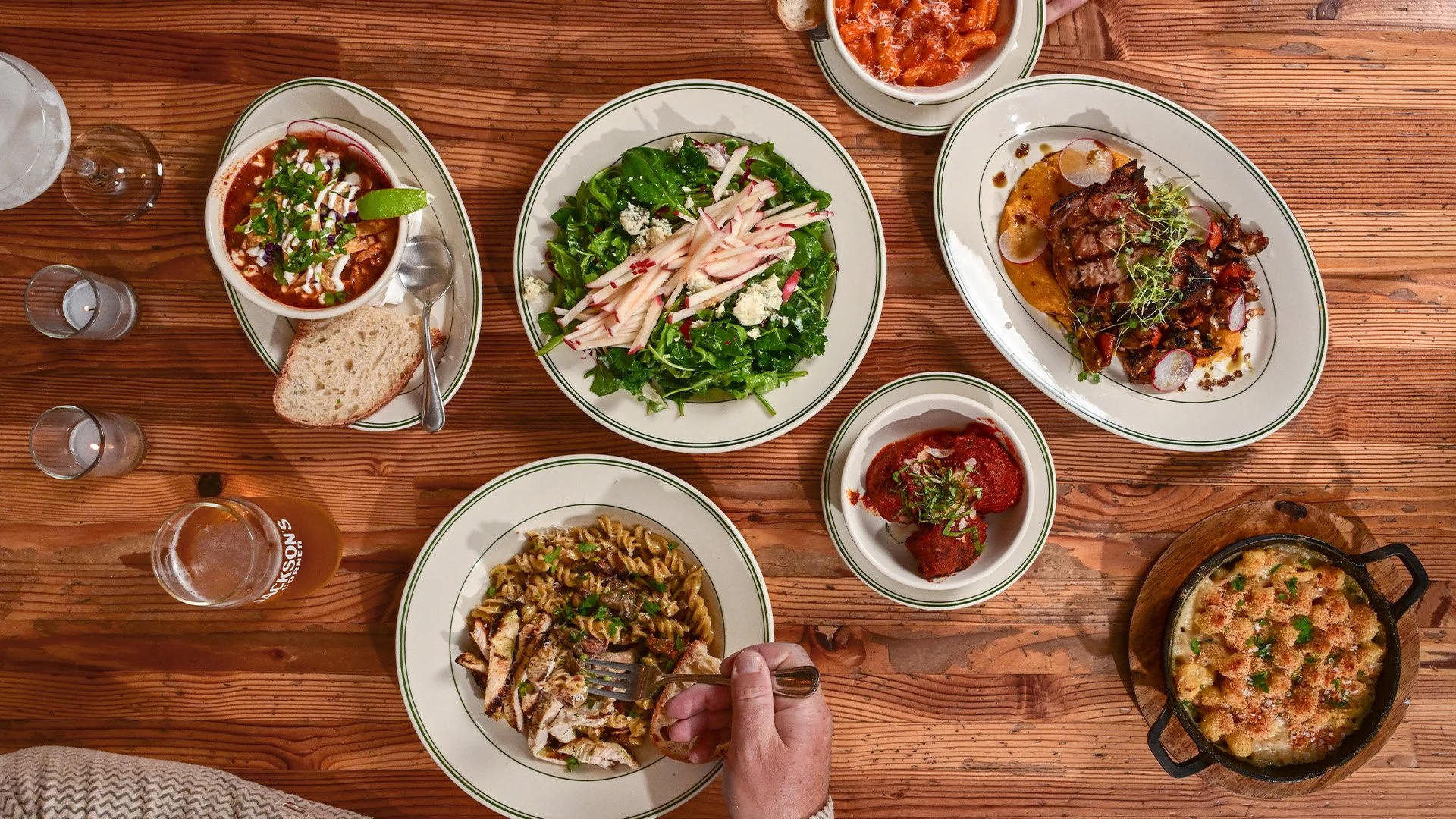 Overhead view of dinner spread at Jackson's Corner Bend, OR