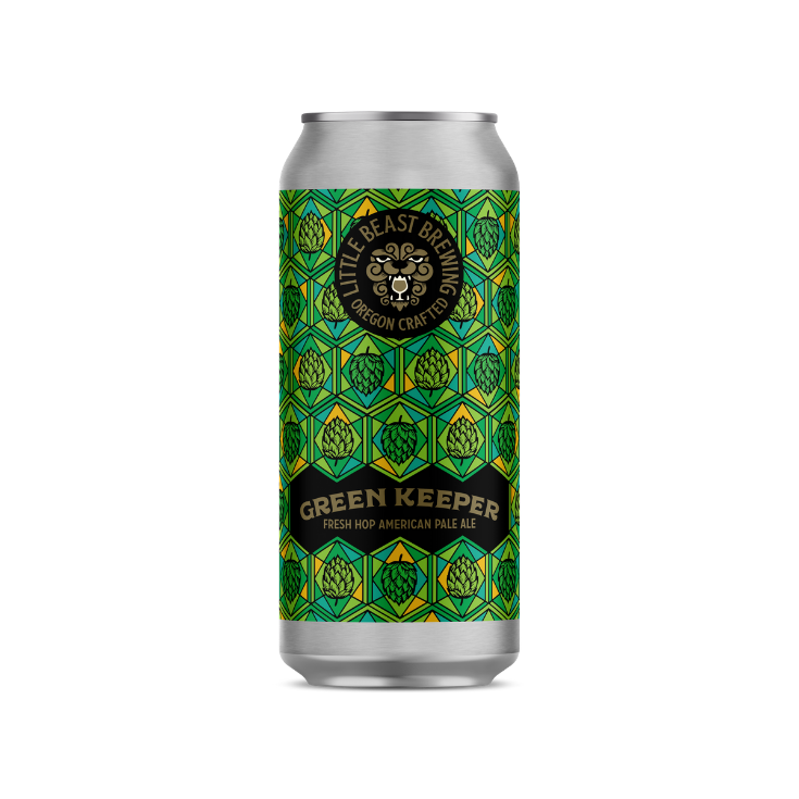 A tall, slender can of Green Keeper beer from Little Beast Brewing with a vibrant, geometric green hop pattern and black label featuring the brewery logo.