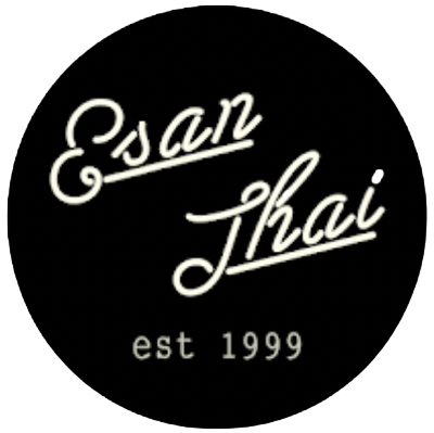 Black circular logo with white handwritten-style text reading 'Eesan Thai' and smaller text below saying 'est 1999'.