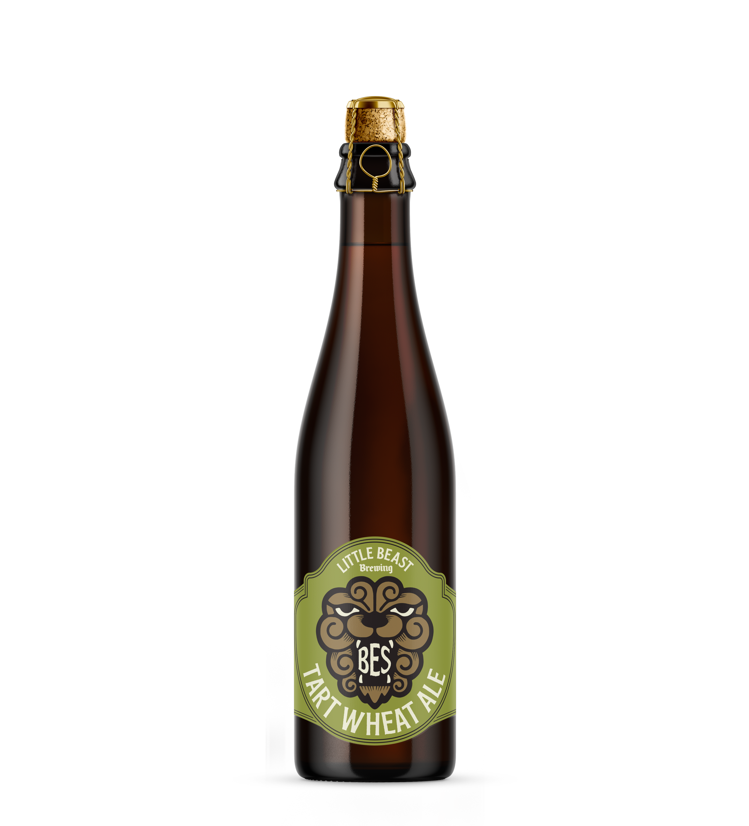 A brown beer bottle with a label from Little Beast Brewing, featuring a stylized lion's face and the words "Bes Tart Wheat Ale." The bottle has a gold foil cap and a metal wire swing-top mechanism.
