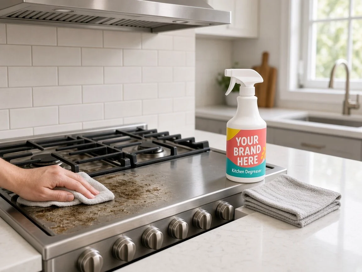 Private label kitchen degreaser trigger spray bottle with a Your Brand Here label on a stainless steel stovetop