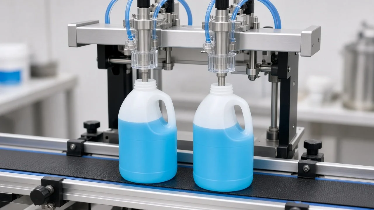 Two-head liquid filler filling cleaning product bottles