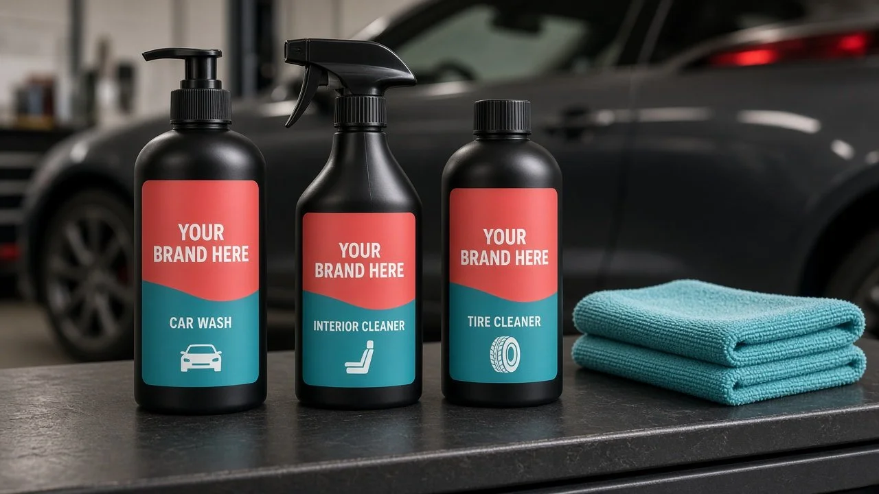 Private label car care bottles with Your Brand Here labels on a garage detailing workbench