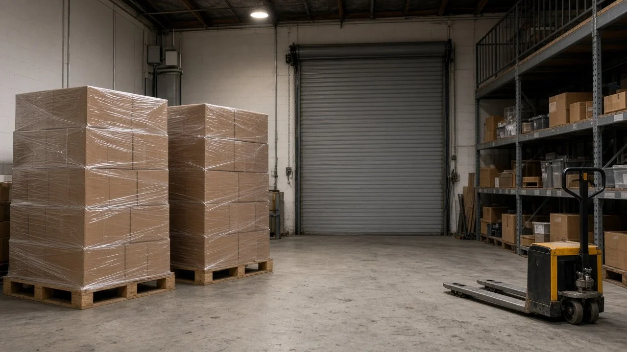 Finished cleaning product cases palletized and ready to ship