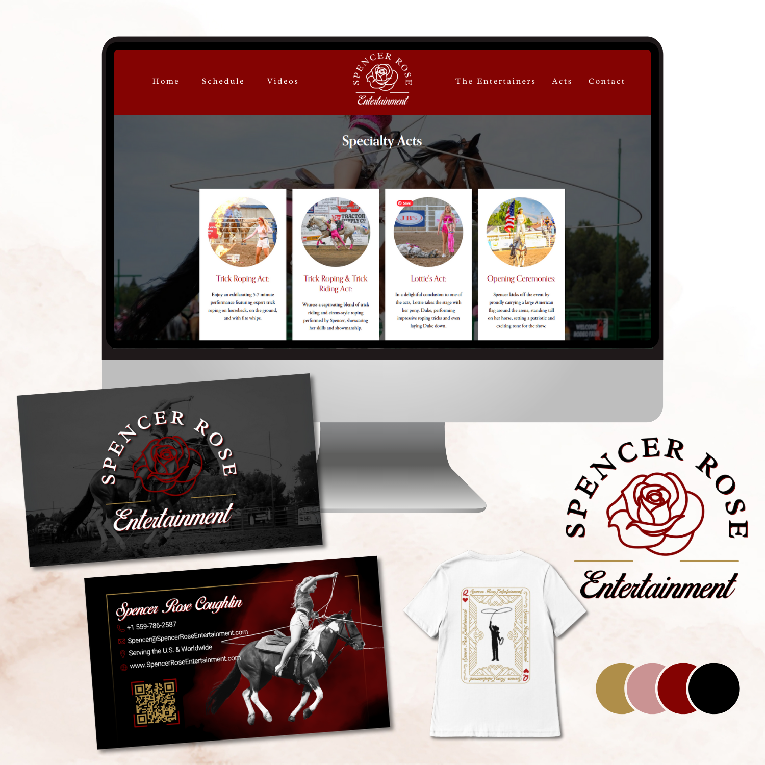 A digital display showcasing "Spencer Rose Entertainment" branding materials, including a website on a computer screen featuring specialty acts like trick roping, business cards, a T-shirt with a design, a logo with a rose motif, and a color palette of gold, red, and black.
