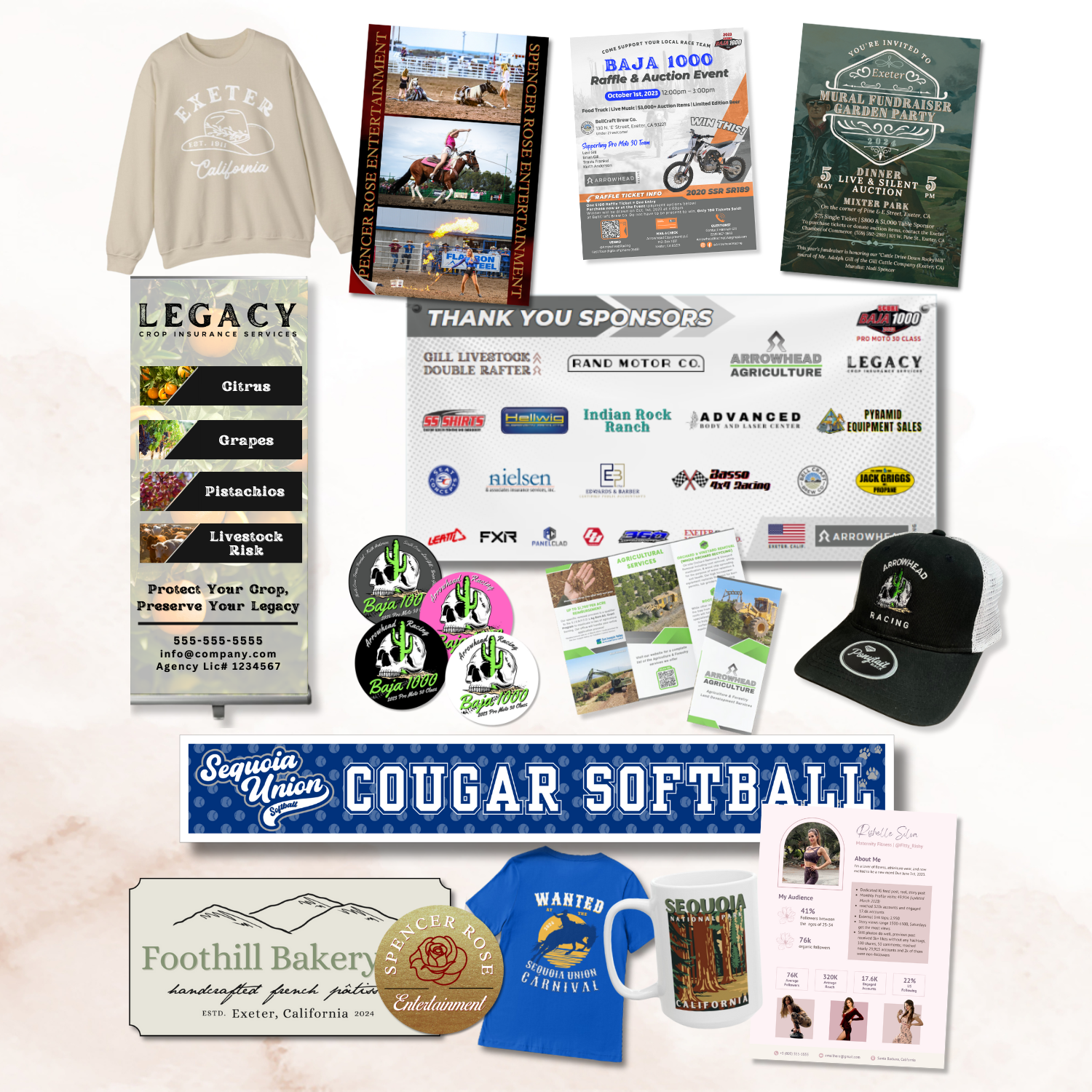 A collage featuring promotional materials including a sweatshirt with 'Exeter California' text, event flyers, sponsorship banners, a hat with 'Arrowhead Racing' text, informational pamphlets, round stickers with a motorcycle design for Baja 1000, a 'Sequoia Union Cougar Softball' banner, 'Foothill Bakery' label, 'Spencer Rose Entertainment' button, a blue t-shirt for 'Sequoia Union Carnival,' and a 'Sequoia California' mug.