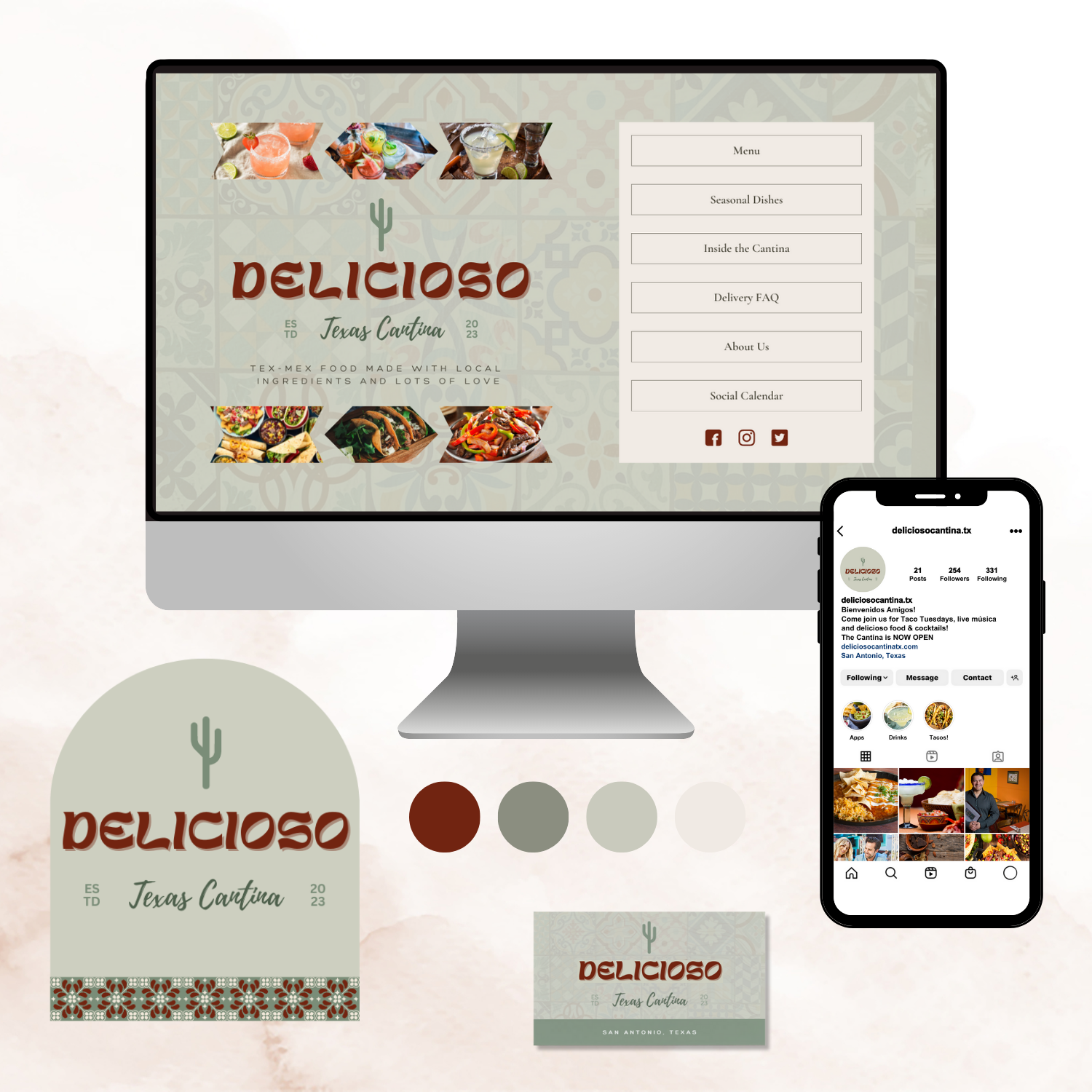 Brand design for "Delicioso Texas Cantina" featuring a desktop website layout, smartphone social media page, logo, and business card. The theme includes Tex-Mex cuisine images, earthy colors, and the tagline "Tex-Mex food made with local ingredients and lots of love."
