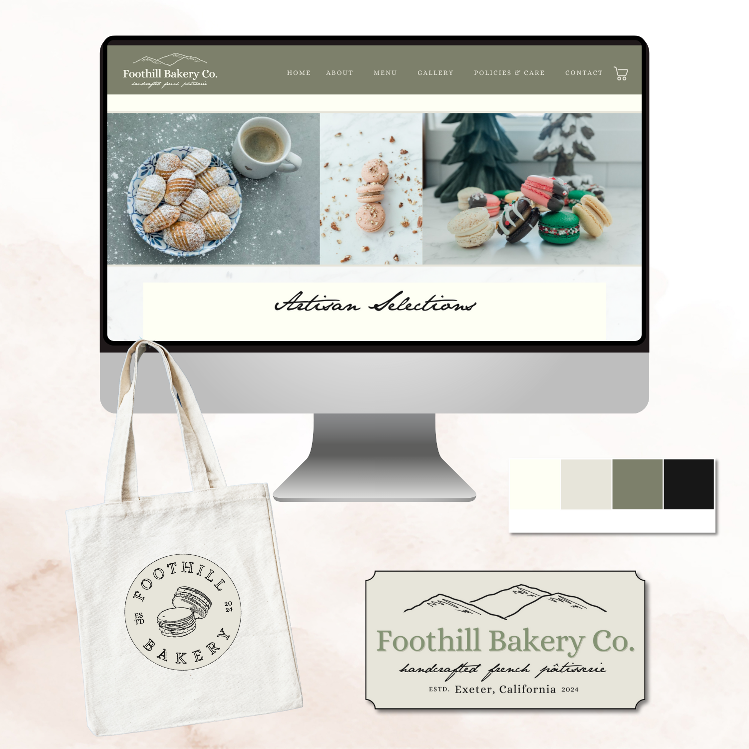 Mockup of a bakery brand featuring a computer displaying a website for Foothill Bakery Co., showcasing baked goods. Includes a tote bag with the bakery’s logo and a business card. Color palette swatches are displayed, featuring neutral tones.