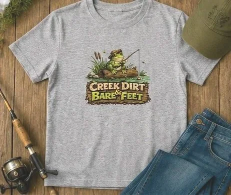 Kids Frog Fishing Shirt, Creek Dirt Bare Feet Youth Tee, Southern Summer Outdoor Fun