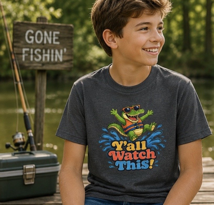Y'all Watch This!  Kids Alligator Splash Shirt, Southern Summer Youth Tee, Funny Water Play Clothes