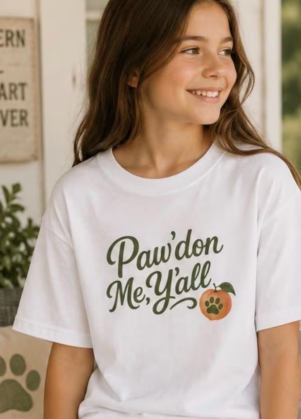 Kids Paw'don Me Y'all Shirt, Southern Youth Dog Graphic Tee, Peach Paw Print