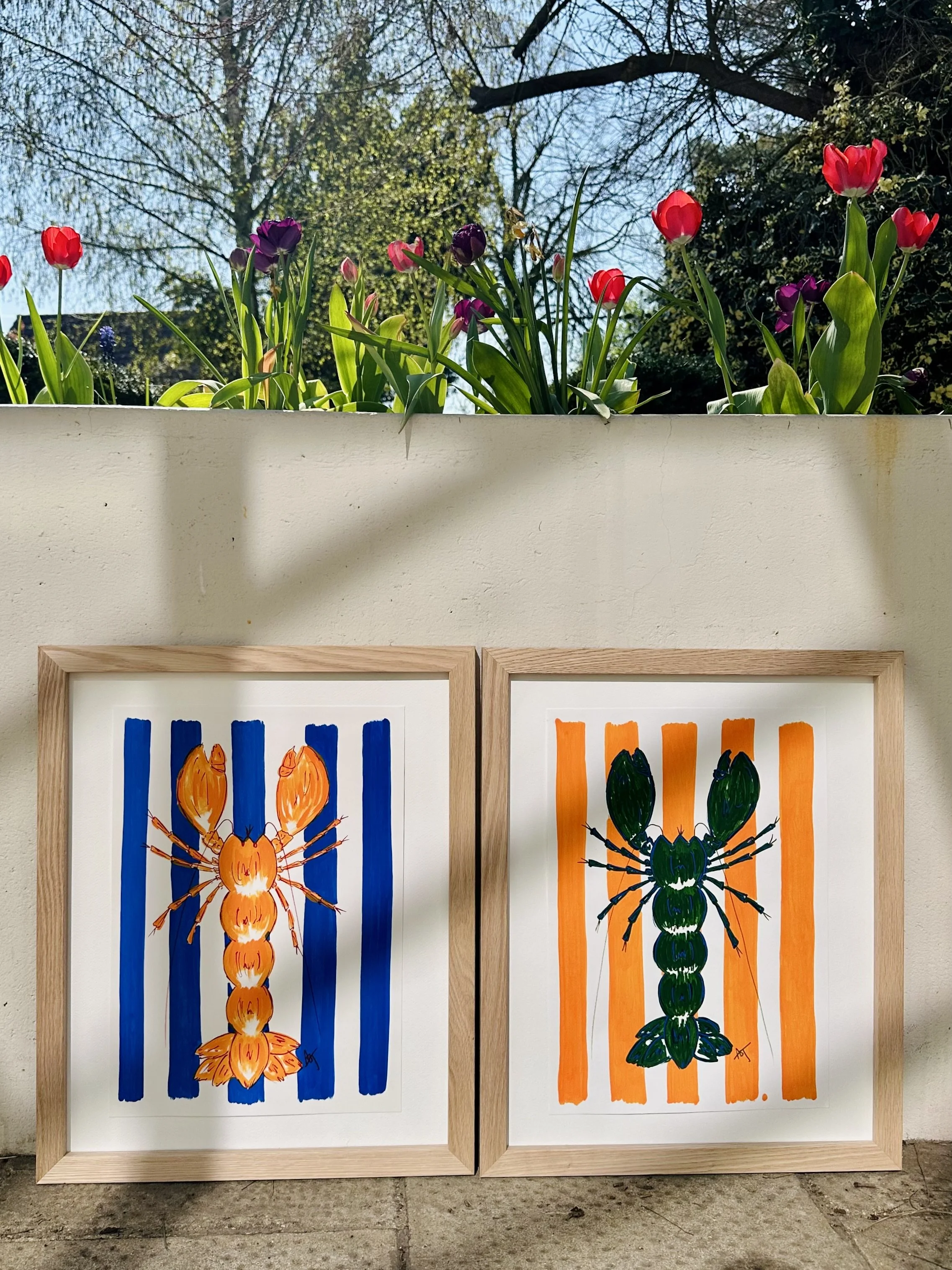 Deux affiches encadrées représentant des araignées colorées sur fond rayé, placées contre un mur avec une plante en fleurs au-dessus.
