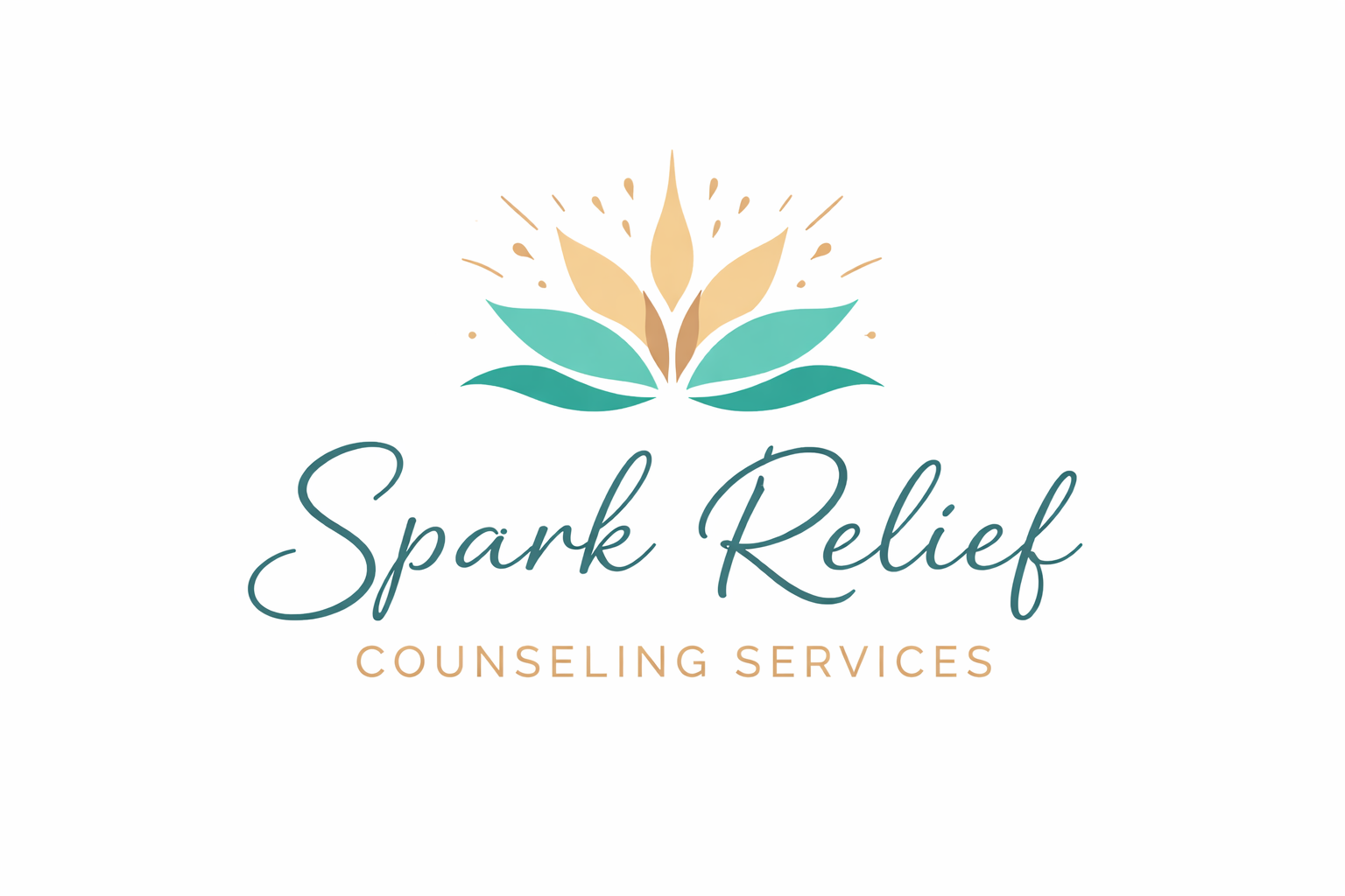 Logo for Spark Relief Counseling Services featuring a stylized lotus flower with teal and beige petals and the business name in elegant script with the tagline below.