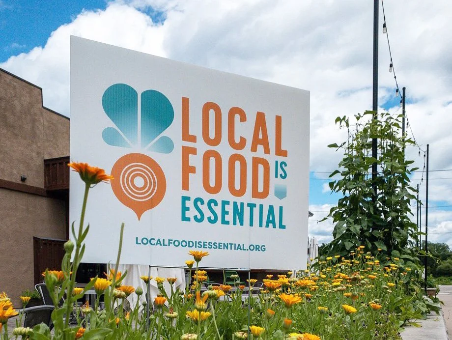 Corrugated signs for Local Food is Essential. T-Shirt for Local Food is Essential. Graphic Design + Logo Design: Jack Boyum