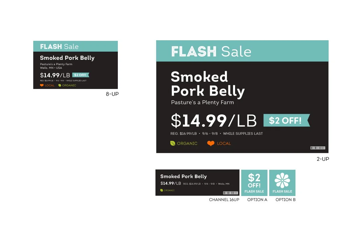 Example of signage program design for Lakewinds. This shows how different attributes and sales will activate across the entire store.