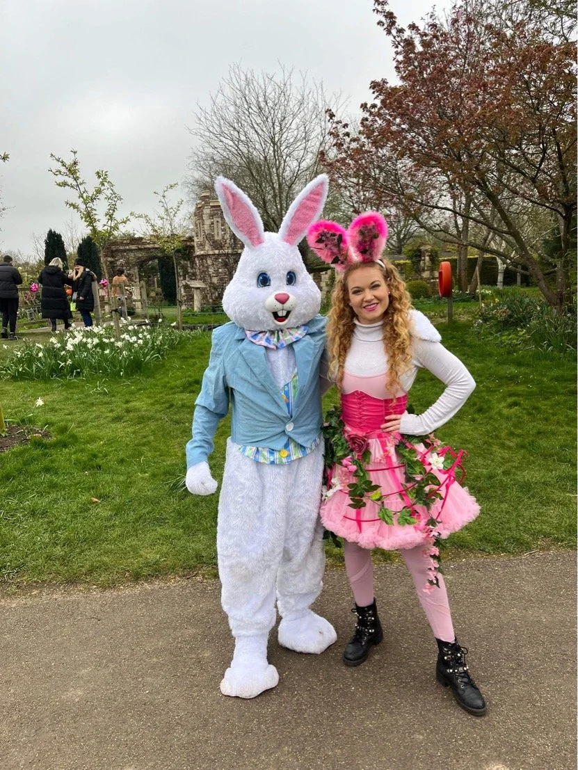 easter bunny mascot and pink bunny performer at Capel Manor Gardens Enfield