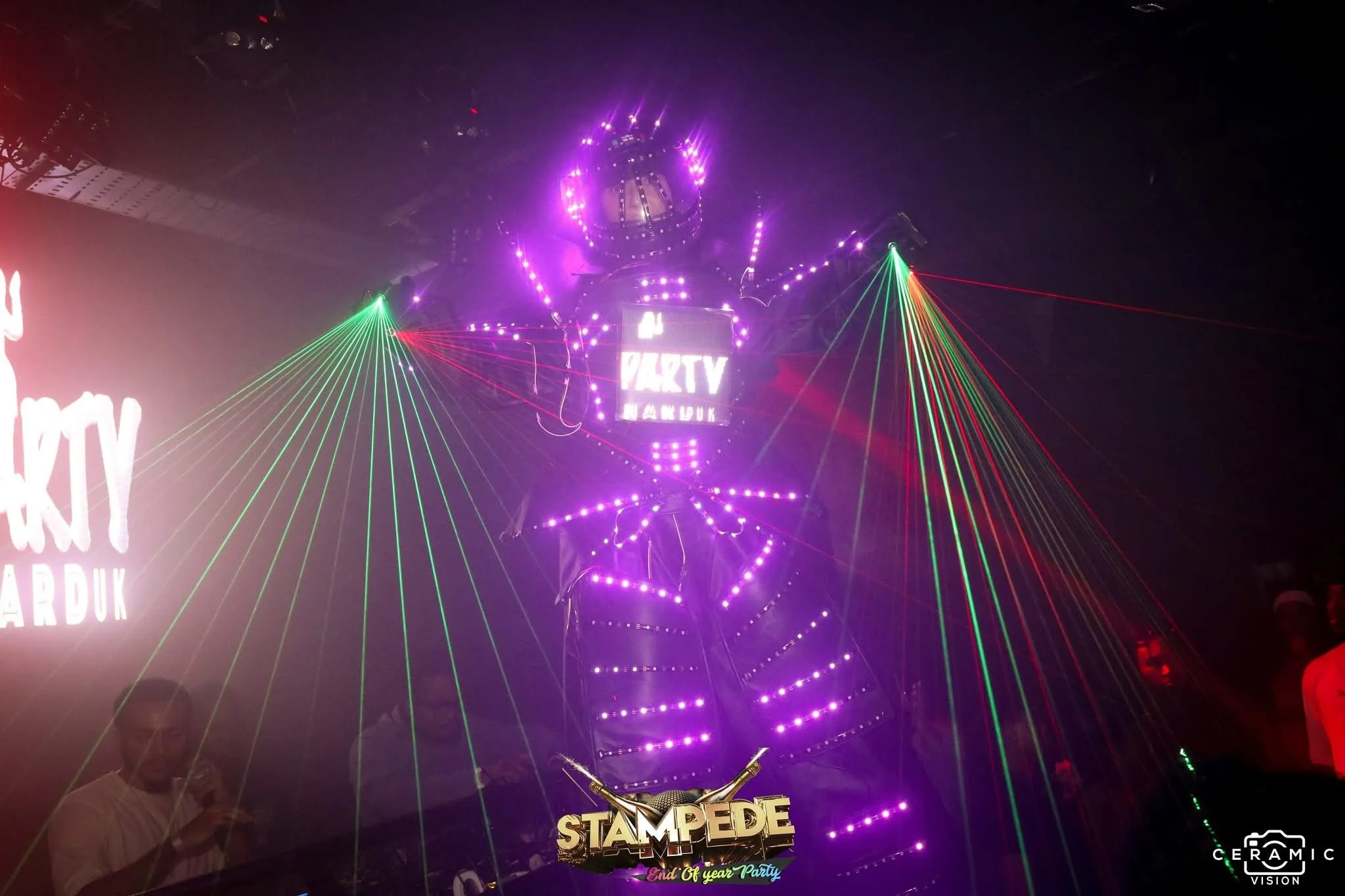 UV LED glowbot stilt walker at egg London party hard uk 