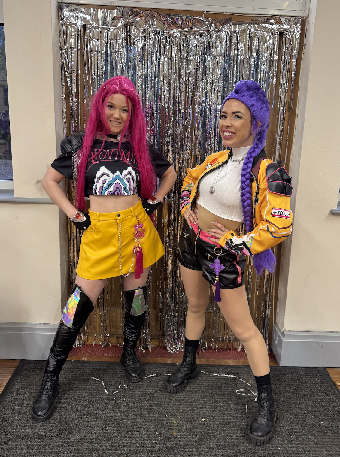 K Pop Demon Hunters characters at a birthday party, Mira and Rumi