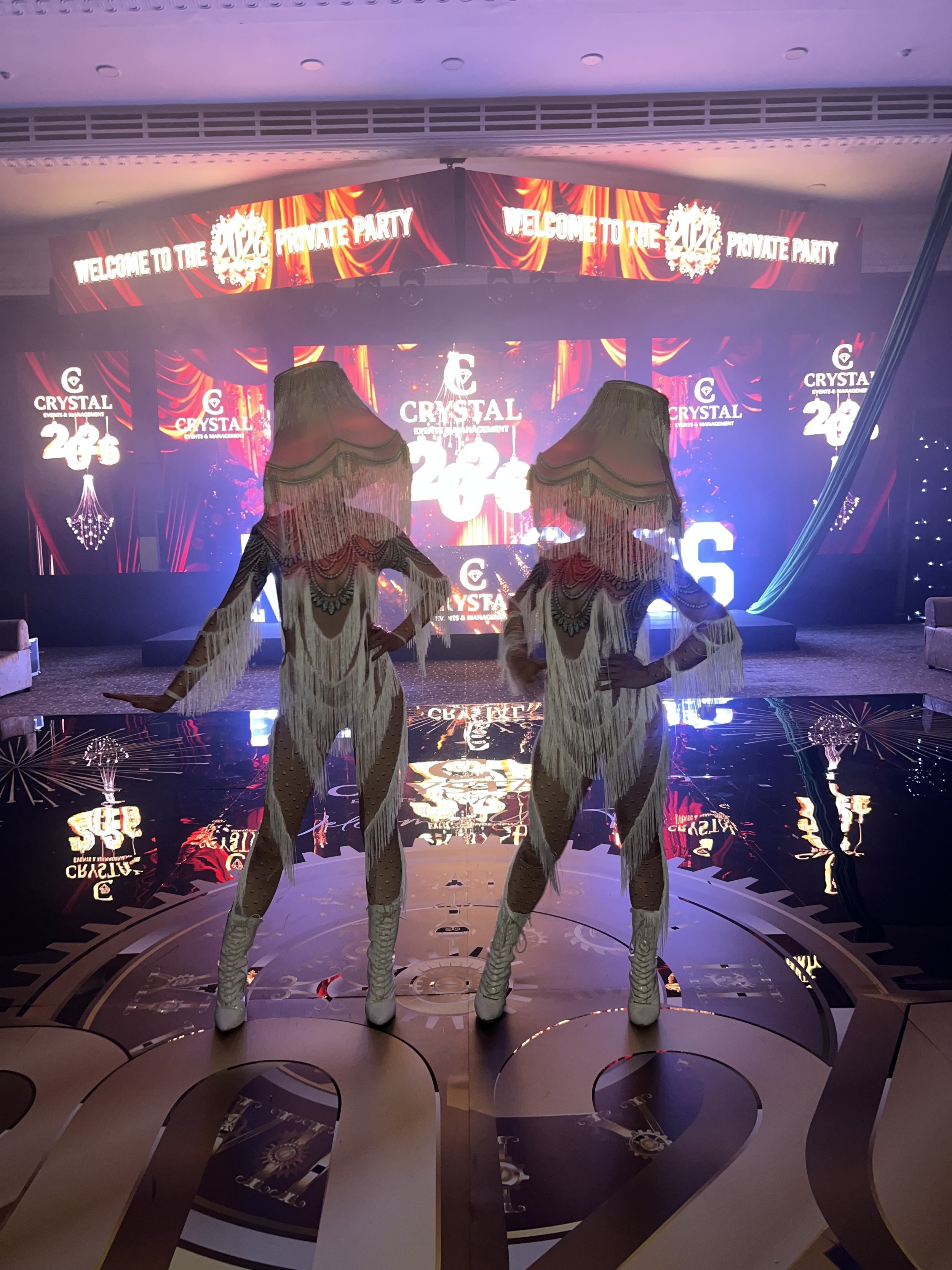 lampshade ladies with red lights at crystal Hayes new years eve