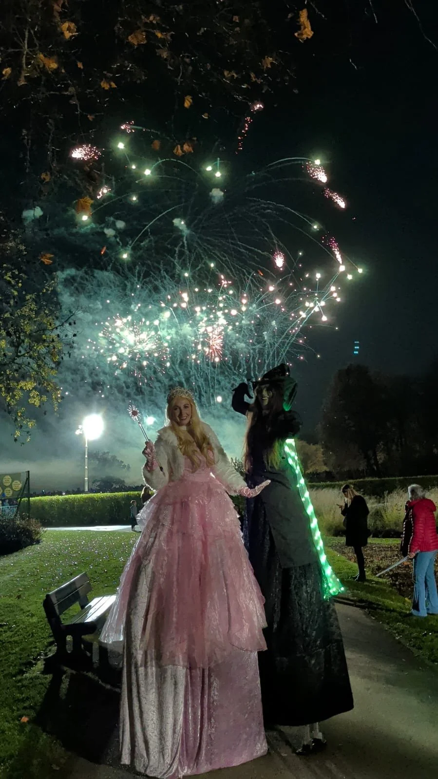 stilt walking Glinda and elphaba at Enfield Town fireworks wicked 