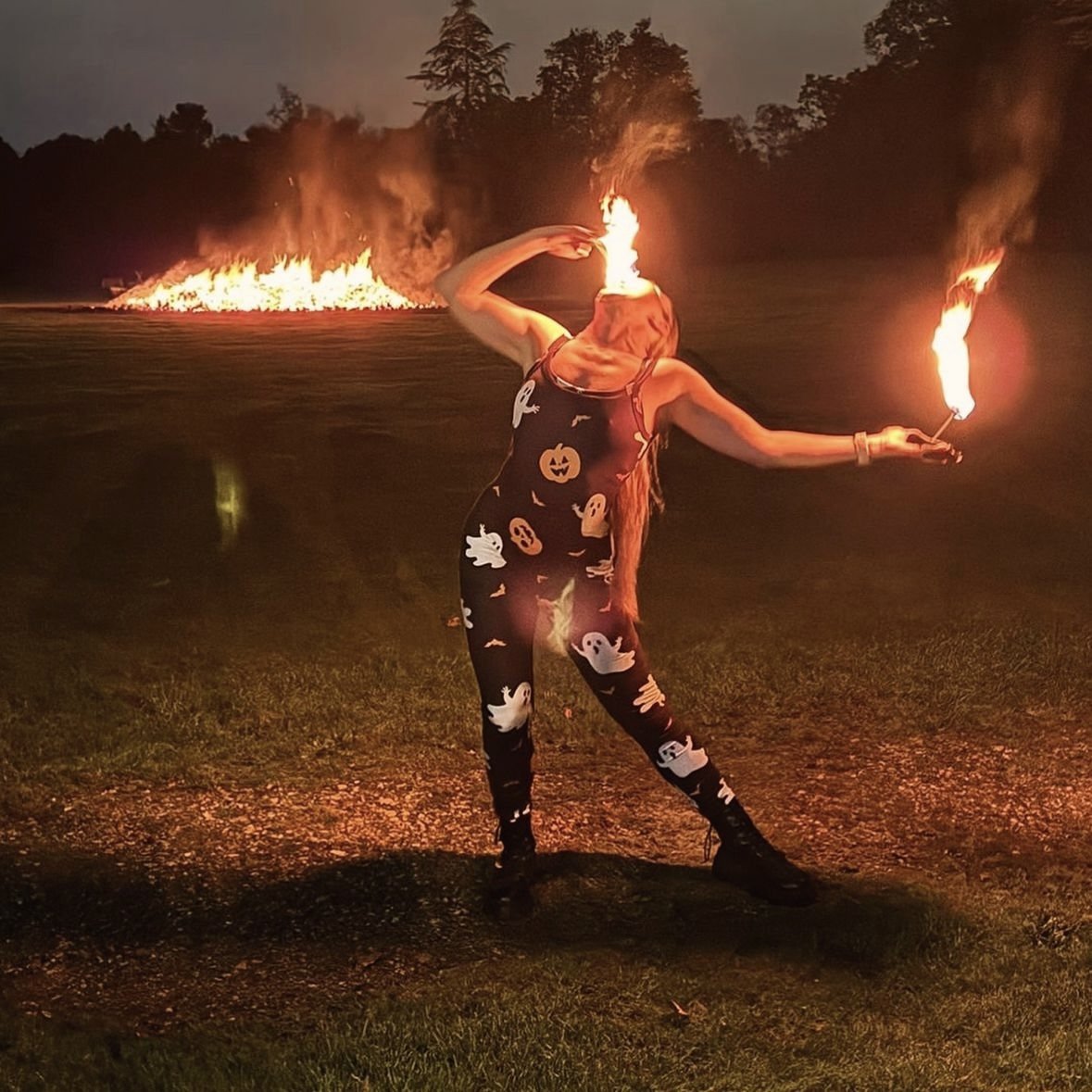 pumpkin and ghost halloween fire performer