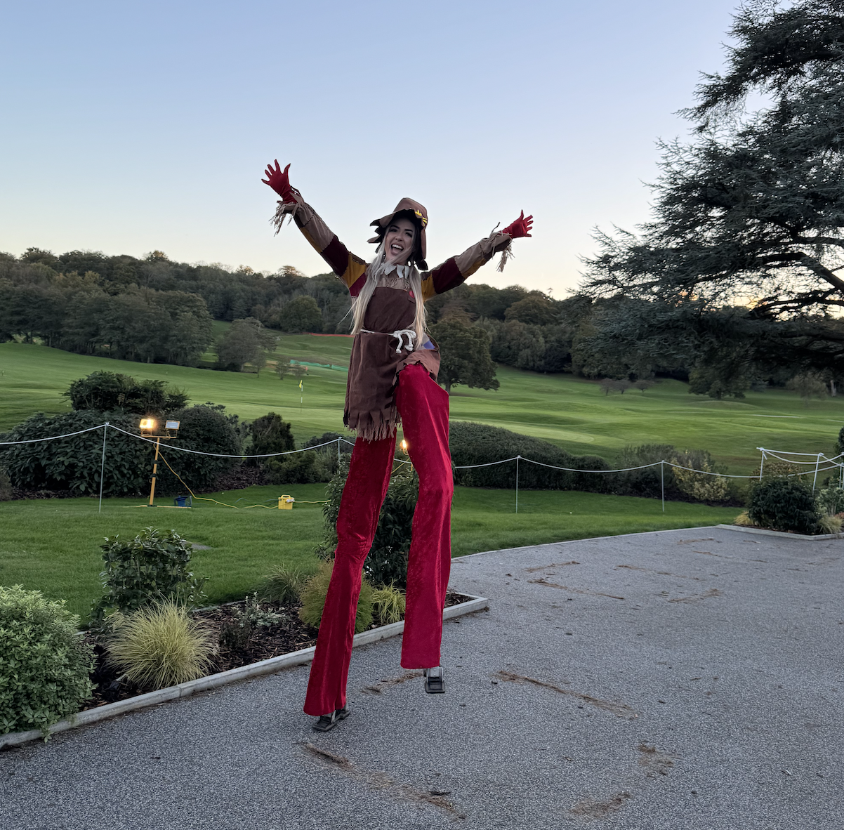 scarecrow stilt walker at Chatham park fireworks 