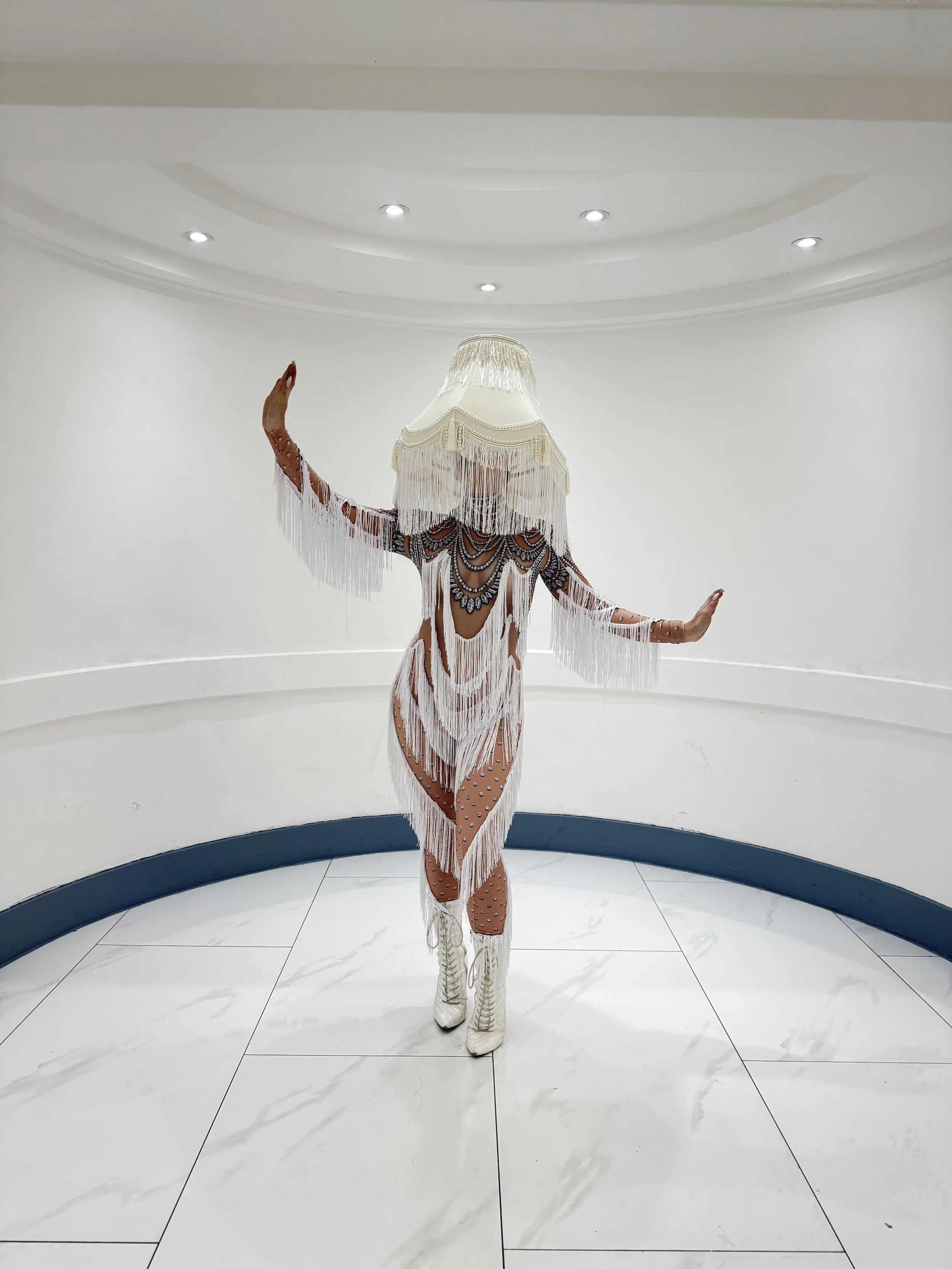 lampshade lady with white backdrop at crystal Hayes 