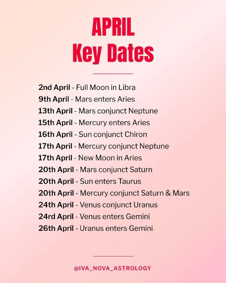 Key Astro Dates for April - we have Venus, the planet of love, beauty, money and justice in Taurus until the 24th of April. So use this time (especially the first half of the month to focus on creative project, ask for a raise or send that invoice th