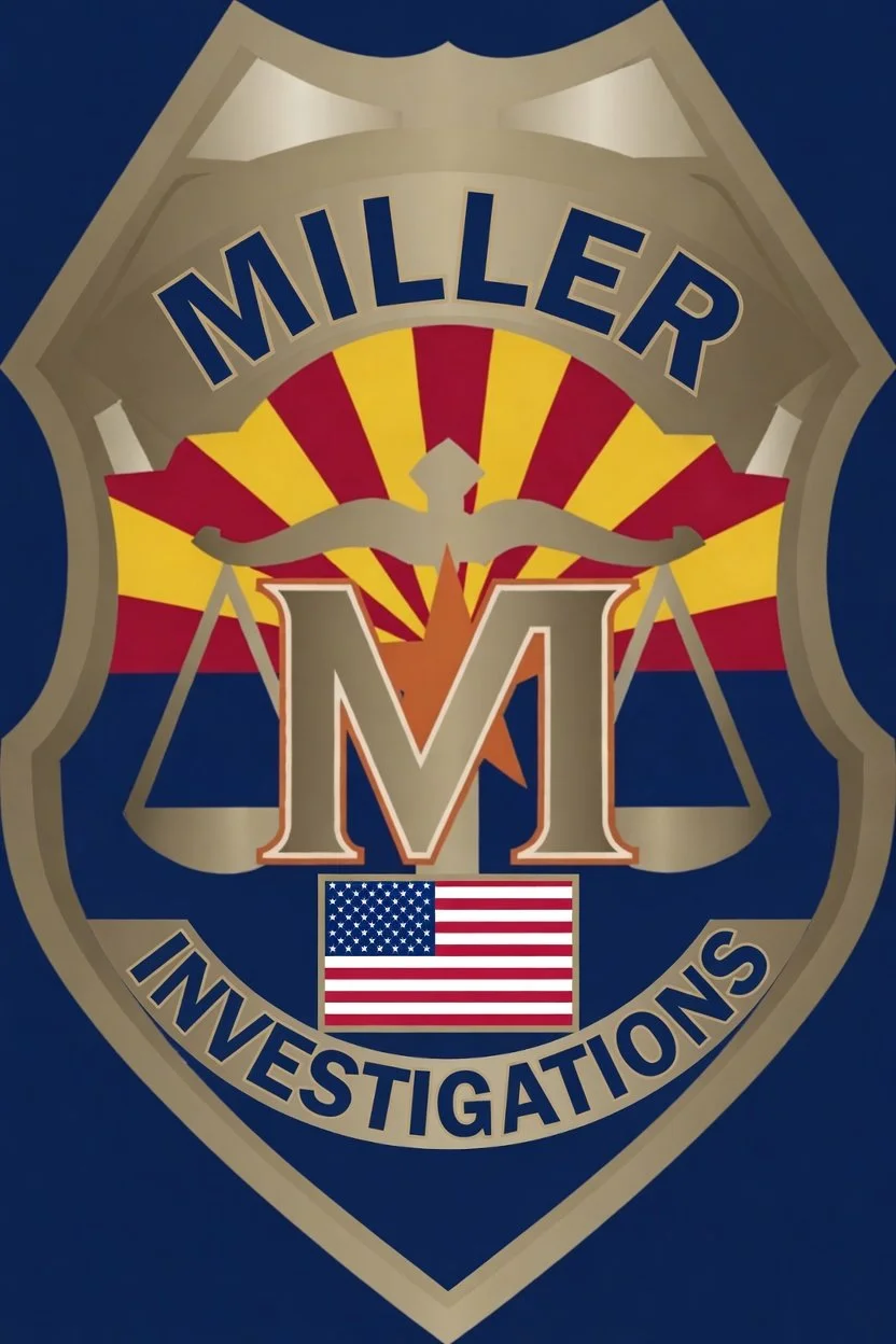 Miller Investigations badge featuring a scale, sun rays, a large letter M, an American flag, and the words "Miller Investigations."