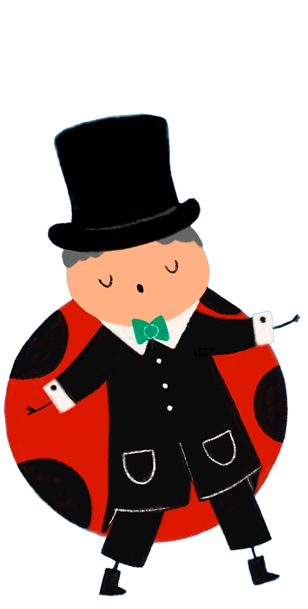 Cute cartoon boy dressed as a magician with a top hat, green bow tie, black tuxedo, and a ladybug-themed cape, holding a deck of cards.