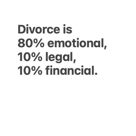 Divorce is 80% emotional, 10% legal, and 10% financial. 

Let that sink in for a second. The majority of this journey? 

It's about EMOTIONS.

We often think dividing assets or negotiating spousal support are strictly financial decisions, but they're