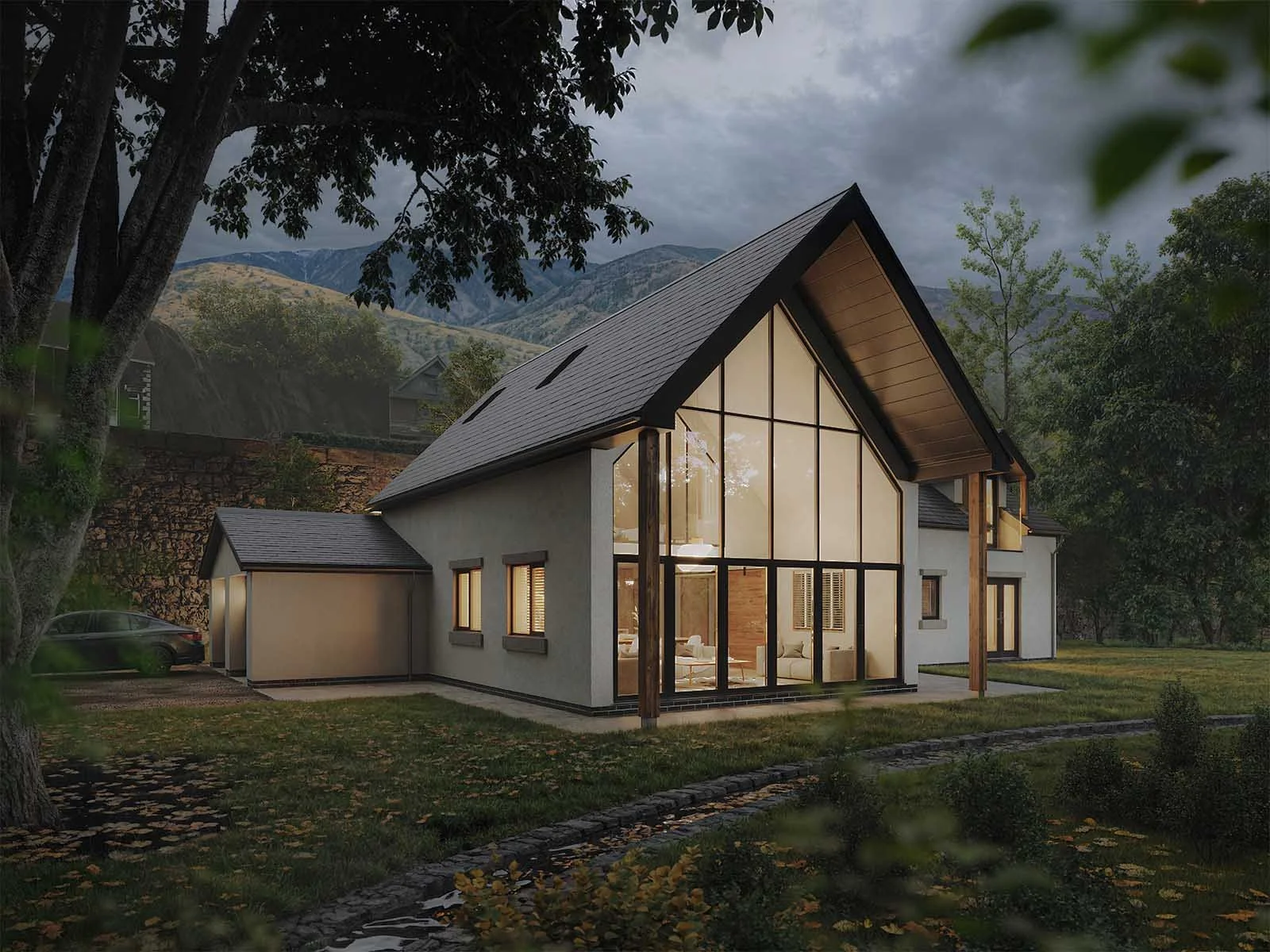 Contemporary Rural Home – Glazed Gable Evening View
